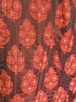 Red, Gold, Silk, Novelty Pattern, Red & Black Brocade With Red & Gold Novelty Print