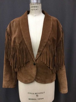 Womens, Leather Jacket, LANNA For ANN TAYLOR, Brown, Suede, Solid, L, Shawl Collar, 1 Snap Button, Fringed Western Yoke