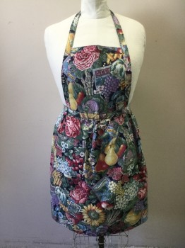 Womens, Apron , NOW DESIGNS, Navy Blue, Green, Blue, Purple, Orange, Cotton, Floral, O/S, Floral/Seed Packet Print Bib,  1 Pckt, Self Tie at Neck and at Waist, Gathered Waist