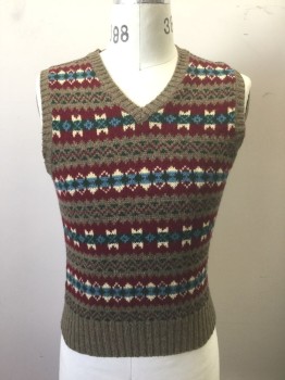 Mens, Vest, SOUSA & LEFKOVITS, Brown, Maroon Red, Cream, Blue, Dk Green, Wool, Fair Isle, M, V-neck, Pullover, Back is Solid Brown,