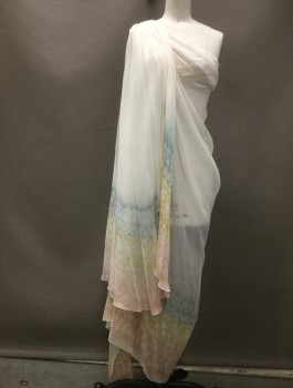 Womens, Historical Fiction Tunic, MTO, Cream, Peach Orange, Teal Green, Yellow, Polyester, XS, Cream Draped Dress with Teal Green/Yellow/Peach Abstract Print At Hem, Gathered At One Shoulder with Gold Triangular Clasp, Lt Beige Mesh Underlay with Ties