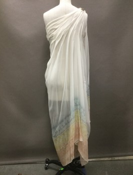 Womens, Historical Fiction Tunic, MTO, Cream, Peach Orange, Teal Green, Yellow, Polyester, XS, Cream Draped Dress with Teal Green/Yellow/Peach Abstract Print At Hem, Gathered At One Shoulder with Gold Triangular Clasp, Lt Beige Mesh Underlay with Ties