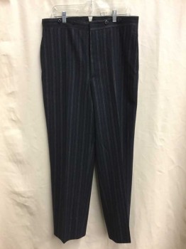 NO LABEL, Navy Blue, White, Wool, Stripes, Flat Front, Button Fly, Back Adjustable Buckle, Side Pockets
