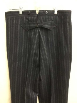 NO LABEL, Navy Blue, White, Wool, Stripes, Flat Front, Button Fly, Back Adjustable Buckle, Side Pockets