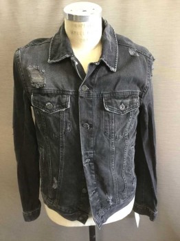 Mens, Jean Jacket, Topman, Black, Cotton, Solid, M, Faded Black, Aged and Ripped, Button Front, Collar Attached, Long Sleeves