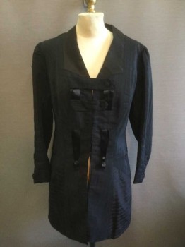 N/L, Black, Silk, Stripes - Vertical , Solid, Self Striped Texture, Long Sleeves, Satin Collar and Trim, Hook & Eye Closures At Center Front, with 2 Straps with Decorative Buttons, Hidden Hook & Eyes Underneath, Hip Length, Puff Sleeves with Gathering At Shoulders, Small Leg O Mutton Shape,