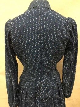 Womens, Dress, Piece 1, 1890s-1910s, MTO, Blue, White, Cotton, Geometric, W28, B40, Made To Order, White 'Diamond' Print On Blue Background, Pearl Buttons Center Front, Collar, Puffed Long Sleeves with 2 Pearl Buttons, Condition Good, Cotton Still In Good Condition, 3rd Class, Old West, Working Pioneer Woman