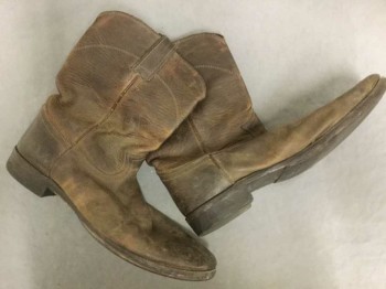 Mens, Cowboy Boots , JUSTIN, Brown, Leather, 10.5, Brown Leather, Brown Topstitching, Very Dusty/Dirty/Scuffed