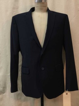 CALVIN KLEIN, Navy Blue, Wool, Synthetic, Solid, Navy, Notched Lapel, 2 Buttons,  3 Pockets,