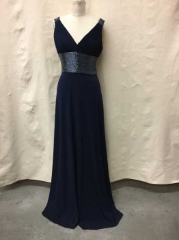 JS BOUTIQUE, Navy Blue, Polyester, Beaded, Solid, V-neck, Sleeveless, Metallic Navy Beaded Wide Waist & Beaded Shoulders