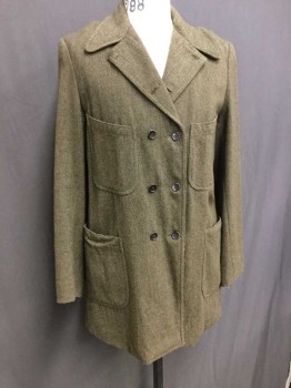 Mens, Jacket 1890s-1910s, MTO, Olive Green, Wool, Tweed, 40, Double Breasted, Wide Lapel, 4 Pockets, Forest Green Plaid Flannel Lining,