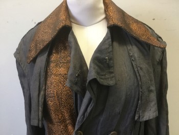 Womens, Sci-Fi/Fantasy Coat/Robe, People Like Frand, Brown, Copper Metallic, Polyester, Cotton, Solid, Paisley/Swirls, 38 W, 42 B, Distressed Fabric, Leather Flower Appliques On Back, Wood Buttons, Copper 'Snake Skin' Printed Collar and Off Center Detail, Post-apocalyptic,