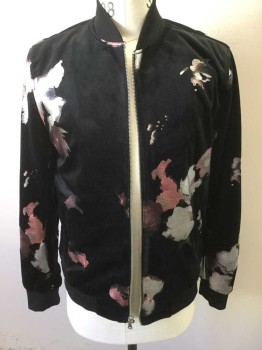 INC INTERNATIONAL , Black, Silver, Pink, Polyester, Mottled, Velour with Silver and Pink Foil Splotches, Zip Front, Rib Knit Collar & Cuffs