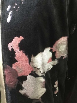 INC INTERNATIONAL , Black, Silver, Pink, Polyester, Mottled, Velour with Silver and Pink Foil Splotches, Zip Front, Rib Knit Collar & Cuffs