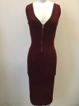 McQ, Maroon Red, Viscose, Polyester, Solid, 1/4 Zipper Center Front, Sleeveless, Knit with Vertical See Through Stripes, Keyhole Center Back Waist,