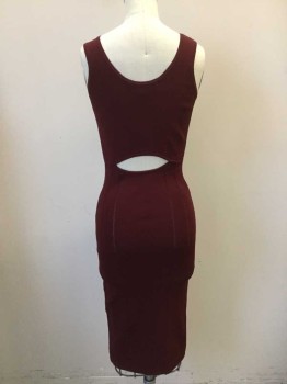 McQ, Maroon Red, Viscose, Polyester, Solid, 1/4 Zipper Center Front, Sleeveless, Knit with Vertical See Through Stripes, Keyhole Center Back Waist,