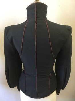 Womens, Sci-Fi/Fantasy Top, MTO, Black, Maroon Red, Synthetic, Solid, W24, B38, Long Sleeves, High Neck, Invisible Zipper Center Back, Maroon Piping Detail, Small Maroon Buttons Asymmetrical,