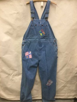 Mens, Overalls, ROAD HOUSE, Denim Blue, Multi-color, Cotton, Patchwork, 40/33, Twill, Adj. Straps, Brass Hardware, Bib Front Pckts, Zip Fly, Btn Side Waist, 4 Pant Pckts, Zip Fly, Hammer Loop And 2 Side Pckts/Lft Leg, 3 Multicolor Patches On Front