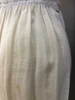 Womens, Apron 1890s-1910s, N/L, Cream, Cotton, Solid, Half Apron, Sheer Mesh-like Cotton, with Open Lacework Panel Near Hem, Gathered at Waist, Self Ties at Sides **Stained in One Spot
