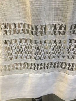 Womens, Apron 1890s-1910s, N/L, Cream, Cotton, Solid, Half Apron, Sheer Mesh-like Cotton, with Open Lacework Panel Near Hem, Gathered at Waist, Self Ties at Sides **Stained in One Spot