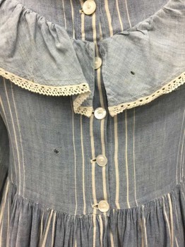 Childrens, Dress 1890s-1910s, M.T.O., Lt Blue, White, Cotton, Stripes, Ch24, Whte Striped Blue Chambray. White Lace Trim. Long Sleeves, White Lace Trim at Circular Collar & Self Ruffled Yoke Collar. Skirt Gathered to Waist, Button Closure Center Back, . Small Holes at Yoke Front and Back, Holes at Skirt Front and Hole at Back Bodice