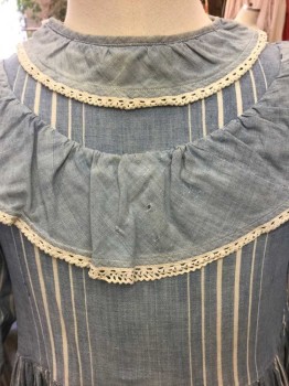 Childrens, Dress 1890s-1910s, M.T.O., Lt Blue, White, Cotton, Stripes, Ch24, Whte Striped Blue Chambray. White Lace Trim. Long Sleeves, White Lace Trim at Circular Collar & Self Ruffled Yoke Collar. Skirt Gathered to Waist, Button Closure Center Back, . Small Holes at Yoke Front and Back, Holes at Skirt Front and Hole at Back Bodice