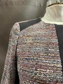Charcoal Gray, Baby Pink, Acrylic, Polyester, Tweed, Solid, Gold Zipper Front, Charcoal Grey Shoulder/Front Center and Waistline Accents