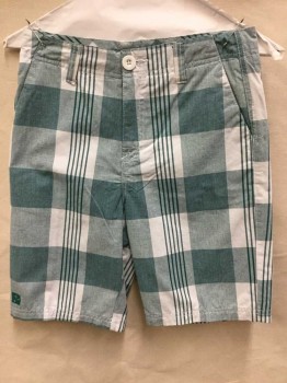 Childrens, Shorts, MICROS, Green, Lt Green, White, Cotton, Polyester, Check , Plaid-  Windowpane, 8, Flat Front, Zip Front,