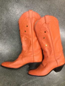 Womens, Cowboy Boots, TONY LAMA, Orange, Leather, Rhinestones, Solid, 9, Orange Painted Leather, Knee High, Several Large Orange Gemstones on Calves, Black Soles and 2" Cuban Heel **Worn Off Paint, Particularly at Ankles and Toes