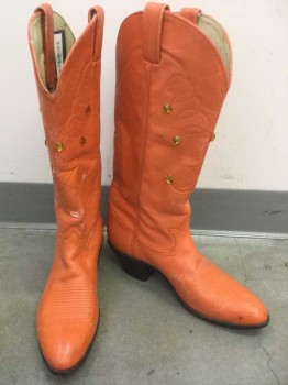 Womens, Cowboy Boots, TONY LAMA, Orange, Leather, Rhinestones, Solid, 9, Orange Painted Leather, Knee High, Several Large Orange Gemstones on Calves, Black Soles and 2" Cuban Heel **Worn Off Paint, Particularly at Ankles and Toes