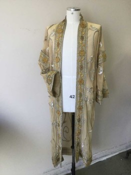 Unisex, Sci-Fi/Fantasy Robe, N/L, Gold, Beige, Silver, Hot Pink, Yellow, Polyester, Metallic/Metal, Floral, CH 40, Ethnic Influenced. Beige Power Mesh with Gold & Silver Floral Embroidery Embellished with Gold Sequins & Gold Bullion Trim