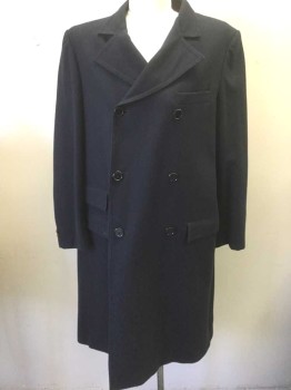 Mens, Coat 1890s-1910s, N/L, Midnight Blue, Wool, Solid, 50, Double Breasted, Notched Lapel with Longer Lower Notch, 3 Pockets, Made To Order