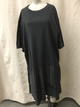 COS, Dk Gray, Cotton, Modal, Solid, Short Sleeves, Crew Neck, Pull Over, Tshirt Dress, 2 Ruffled Tiered Skirt