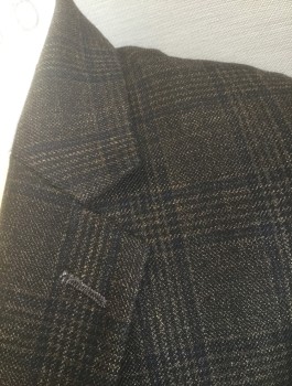 SHAQUILLE O'NEAL, Dk Brown, Black, Wool, Plaid-  Windowpane, Single Breasted, Notched Lapel, 2 Buttons, 3 Pockets, Lining is Dark Navy with Brown Medallions Pattern
