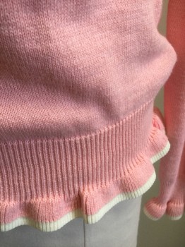 Childrens, Cardigan Sweater, CREW CUTS, Pink, Cream, Cotton, Acrylic, Solid, Girls, Sz 10, Girls Size, Knit, Cream Accent Edge at Hem and Cuffs, Long Sleeves, Button Front, Round Neck,  Self Ruffles at Hem and Cuffs