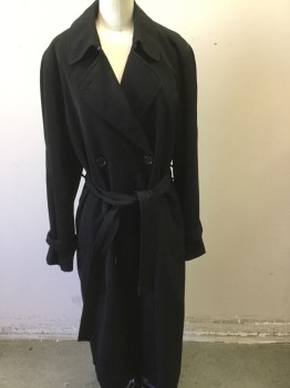 GALLERY, Black, Polyester, Cotton, Solid, Notched Lapel, Double Breasted, Wool Lining, Belt
