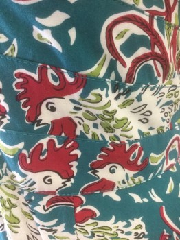 TRASHY DIVA, Teal Green, Maroon Red, White, Lime Green, Rayon, Spandex, Novelty Pattern, Teal with Novelty Retro Roosters Pattern, Cap Sleeves, V-neck, Ruching at Shoulders and Bust, Full Circle Skirt, Retro 50's Inspired, Knee Length