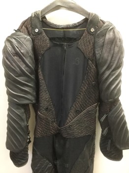 Mens, Jumpsuit, N/L MTO, Black, Espresso Brown, Faded Black, Leather, Synthetic, C:38, Full Bodysuit with Long Sleeves and Full Legs, Leather Ribbed Armor Panels on Shoulders, Forearms, and Back, Smocked/Crinkled Texture Synthetic Faded Black Material at Upper Torso, Sheer Black Stretch at Center Front Chest with Zip Front, Quilted Leather and Textured Synthetic Panels on Legs, Ankles are Spandex with Stirrups at Leg Openings, Made To Order