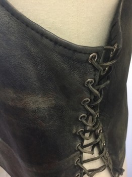 LEATHER MAN NYC, Faded Black, Dk Gray, Brown, Leather, Faded, Faded Black Aged Leather with Marbled Gray, Brown Aged Effect, Open at Center Front, Laces Up at Sides with Silver Metal Grommets