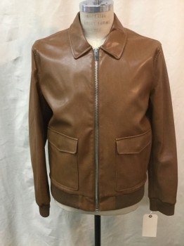 FOREVER 21, Caramel Brown, Faux Leather, Solid, Zip Front, Collar Attached, 2 Flap Patch Pocket, Rib Knit Cuffs and Waistband,