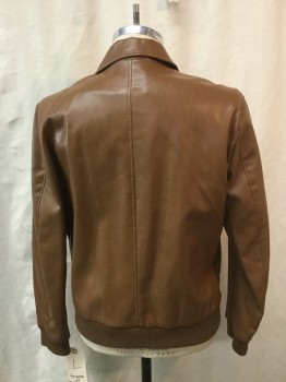 FOREVER 21, Caramel Brown, Faux Leather, Solid, Zip Front, Collar Attached, 2 Flap Patch Pocket, Rib Knit Cuffs and Waistband,