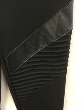 BEBE, Black, Spandex, Faux Leather, Solid, Black with Self Horizontal Pleats at Knee Area & Diagonal Pleather Stripes Detail Work, Zip Back,