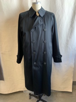 STAFFORD, Black, Cotton, Polyester, Solid, Dbl Breasted, Collar Attached, Raglan Slvs, Detached Back Yoke, Belt Loops NO BELT, Button Tab Cuffs,  Removable Lining