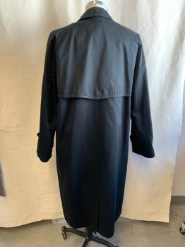 STAFFORD, Black, Cotton, Polyester, Solid, Dbl Breasted, Collar Attached, Raglan Slvs, Detached Back Yoke, Belt Loops NO BELT, Button Tab Cuffs,  Removable Lining