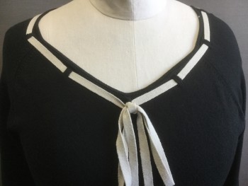 BANANA REPUBLIC, Black, Ecru, Silk, Nylon, Solid, Knit Ecru 'Ribbon' Woven Through Neckline, Raglan Sleeves,