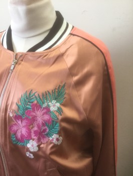 MOSSIMO, Terracotta Brown, Coral Orange, Black, White, Magenta Pink, Polyester, Spandex, Solid, Floral, Bomber Jacket, Terracotta Satin with Coral Stripe at Shoulders, Floral Embroidery at Chest, Zip Front, Black and White Rib Knit Striped Cuffs/Neck/Waistband, Palm Tree Embroidery in Back