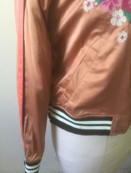 MOSSIMO, Terracotta Brown, Coral Orange, Black, White, Magenta Pink, Polyester, Spandex, Solid, Floral, Bomber Jacket, Terracotta Satin with Coral Stripe at Shoulders, Floral Embroidery at Chest, Zip Front, Black and White Rib Knit Striped Cuffs/Neck/Waistband, Palm Tree Embroidery in Back