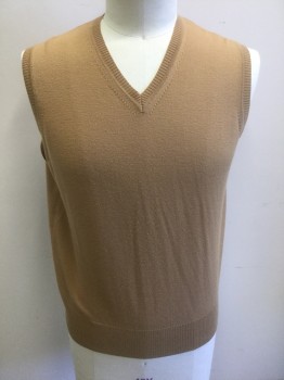 FACCONABLE, Caramel Brown, Wool, Solid, Knit, Pullover, V-neck