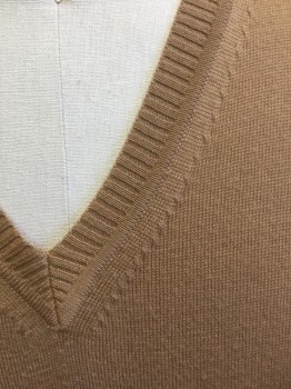 FACCONABLE, Caramel Brown, Wool, Solid, Knit, Pullover, V-neck