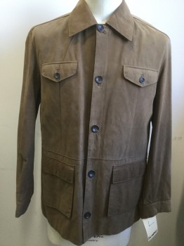 FACONNABLE, Lt Brown, Leather, Solid, Button Front, Collar Attached, 4 Pockets, **Small Stain Spots on Chest